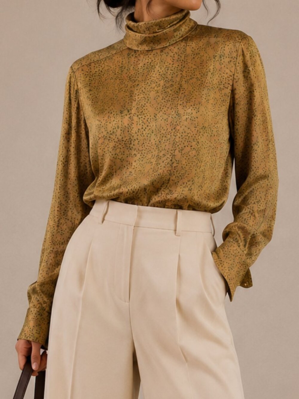 Vintage 70s Satin Animal Print Mock Neck Blouse Sz 4